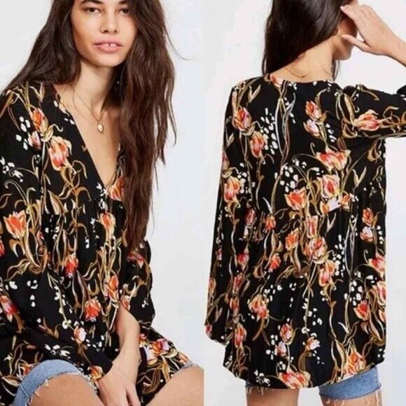 Free People L Bella Black Floral V-Neck Tunic Top Boho Festival Fits XL 1X - Picture 1 of 9